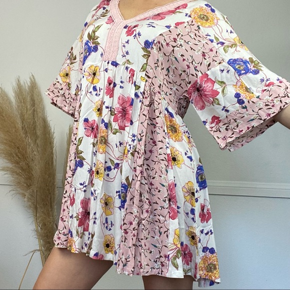 NWT Boho Mixed Floral Print Babydoll  Lace Mini Dress Patch Ivory Blush Summer - Picture 13 of 16